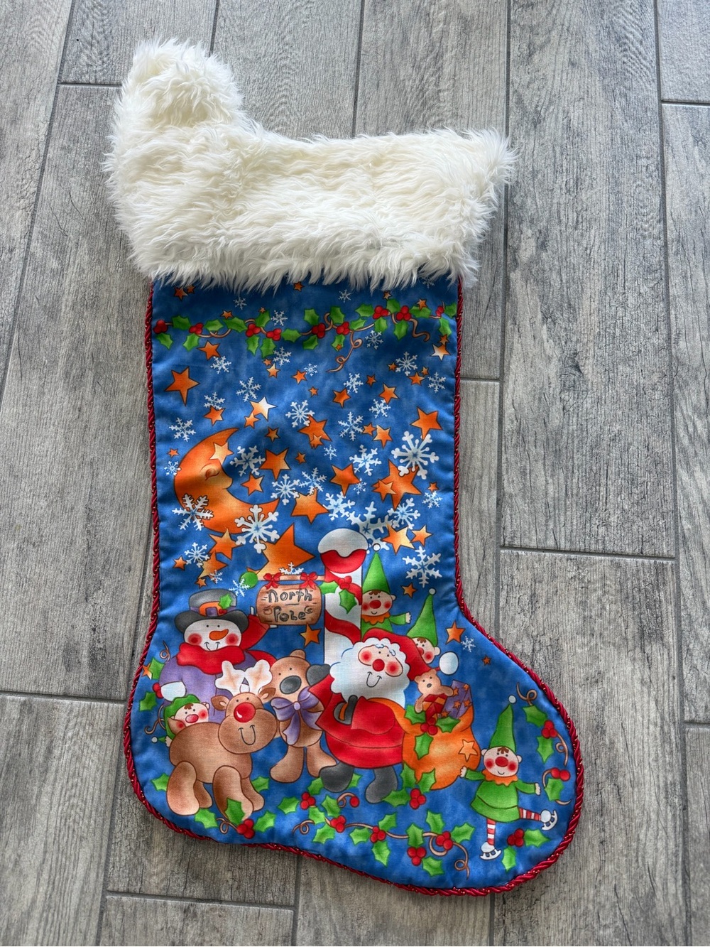 New Handmade Christmas Stocking Santa at North Pole with White Faux Fur Cuff